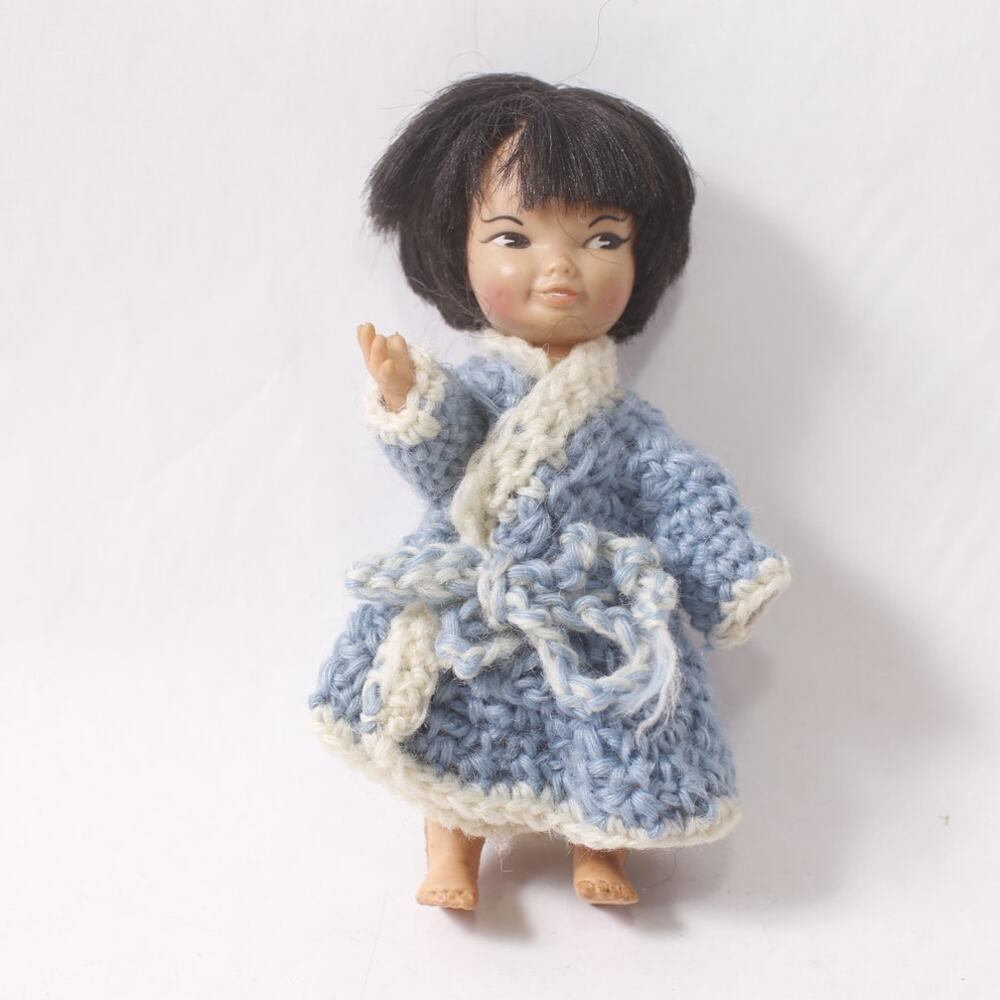 1960s Remco Jan Mini Doll in Blue Knit Robe Black Hair ~ 260425-WH M-05-02